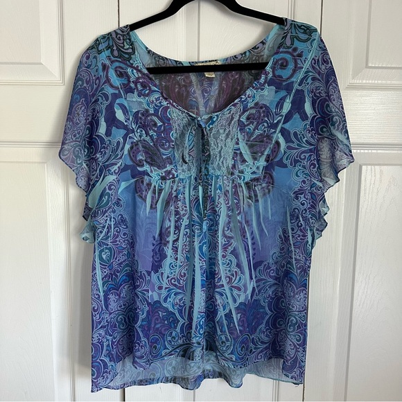 Live and Let Live Womens Blue Lace Top Sz PL Boho Peasant Hippie Festival Artsy - Picture 1 of 9